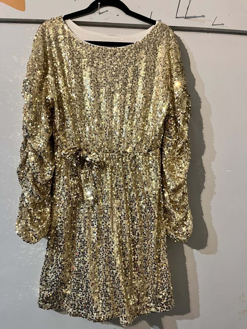 009-0040 Long Sleeve Gold Sequin Mini Dress with Tie Belt